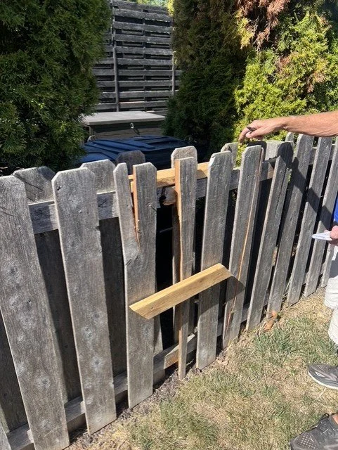 Weathered cedat fence with split pickets and deteriorating boards before replacement in St. Peters Missouri
