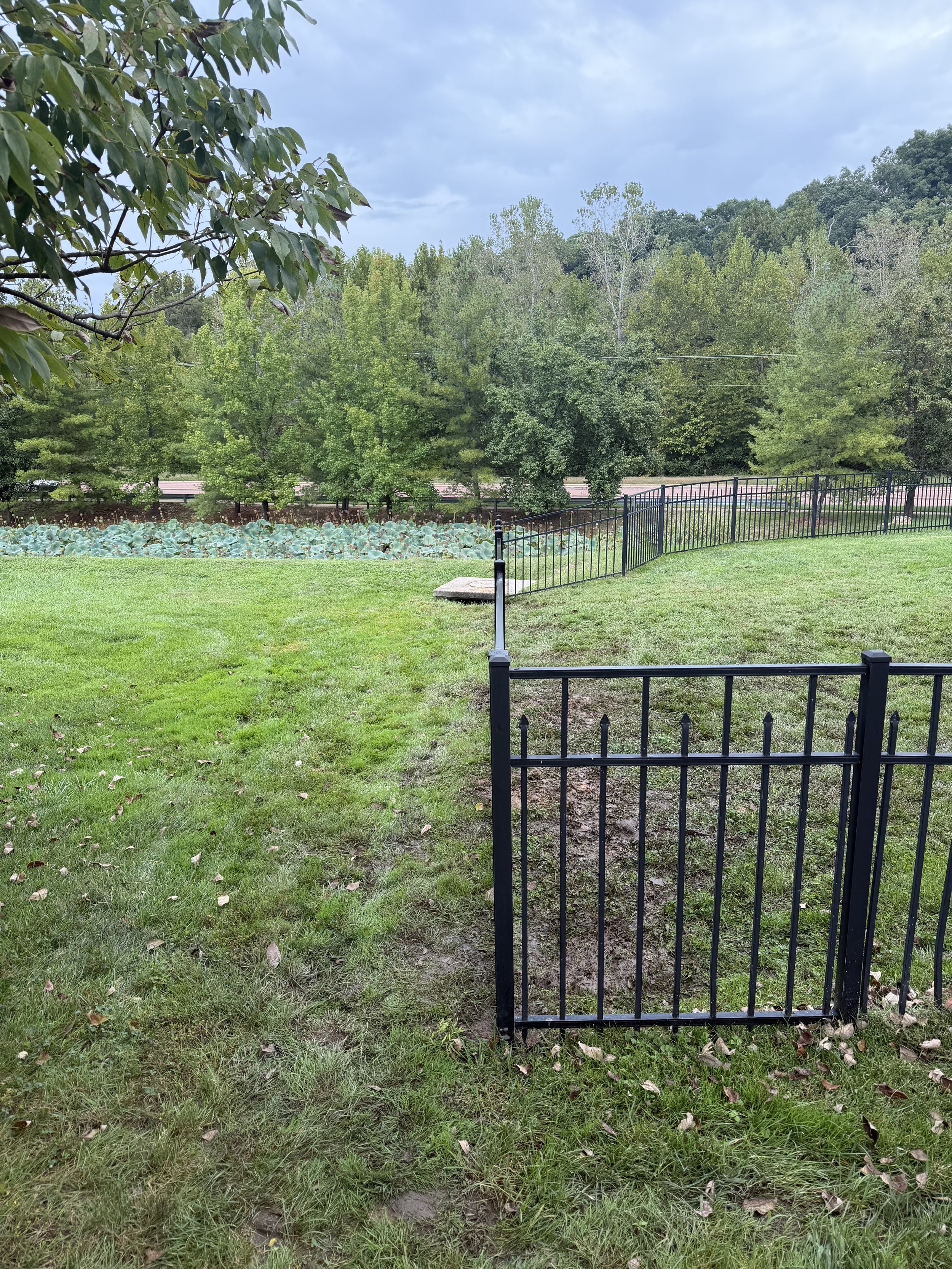 View along a black three-rail aluminum fence as it runs downhill toward the tree line in St. Charles, MO.