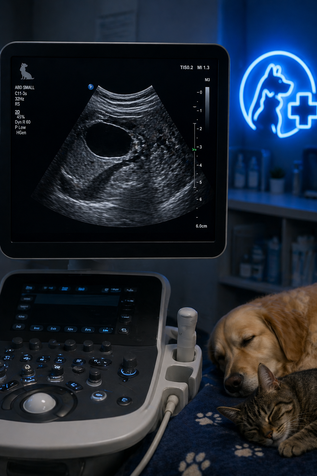 Ultrasound monitor displaying a black and white scan, with a golden retriever and a tabby cat sleeping beside it, in a veterinary clinic with a neon sign of a dog, cat, and medical cross in the background.