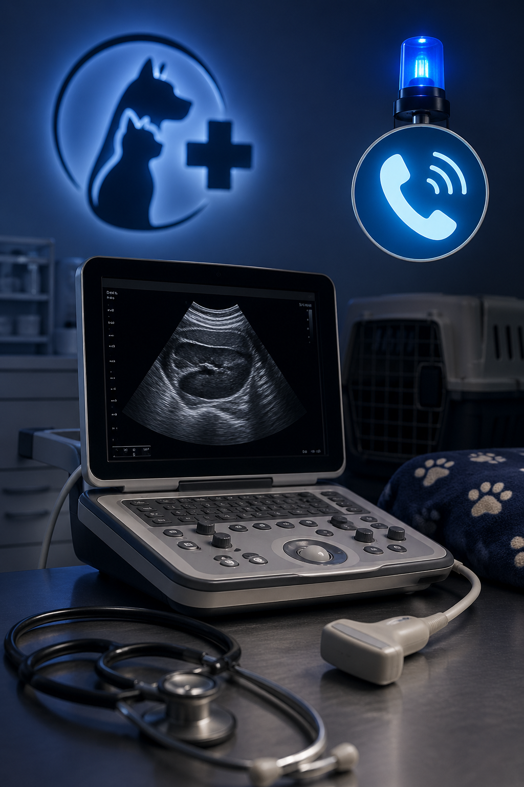An ultrasound machine showing a fetus, with veterinary logos and a phone icon with a blue light in the background, indicating a pet veterinary clinic.