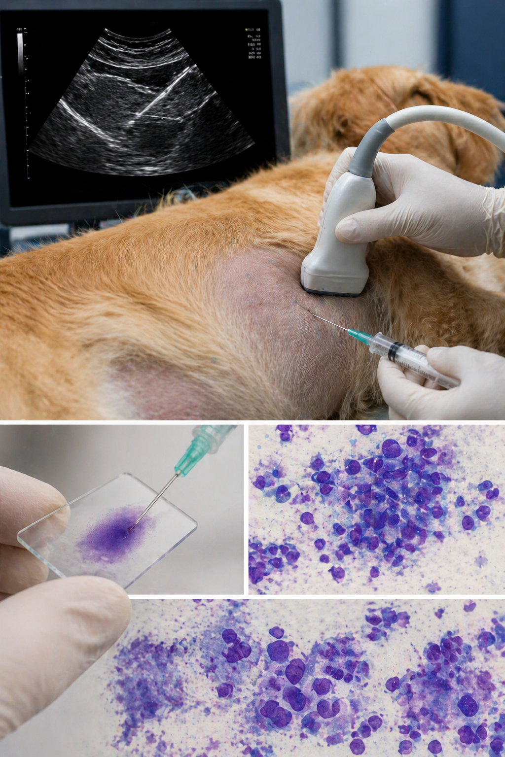 A veterinarian performing an ultrasound on a dog, with a monitor displaying the ultrasound image. Below, a veterinary technician is injecting a sample into a slide, and the bottom images show close-ups of a microscope slide with purple-stained cells and biological samples.