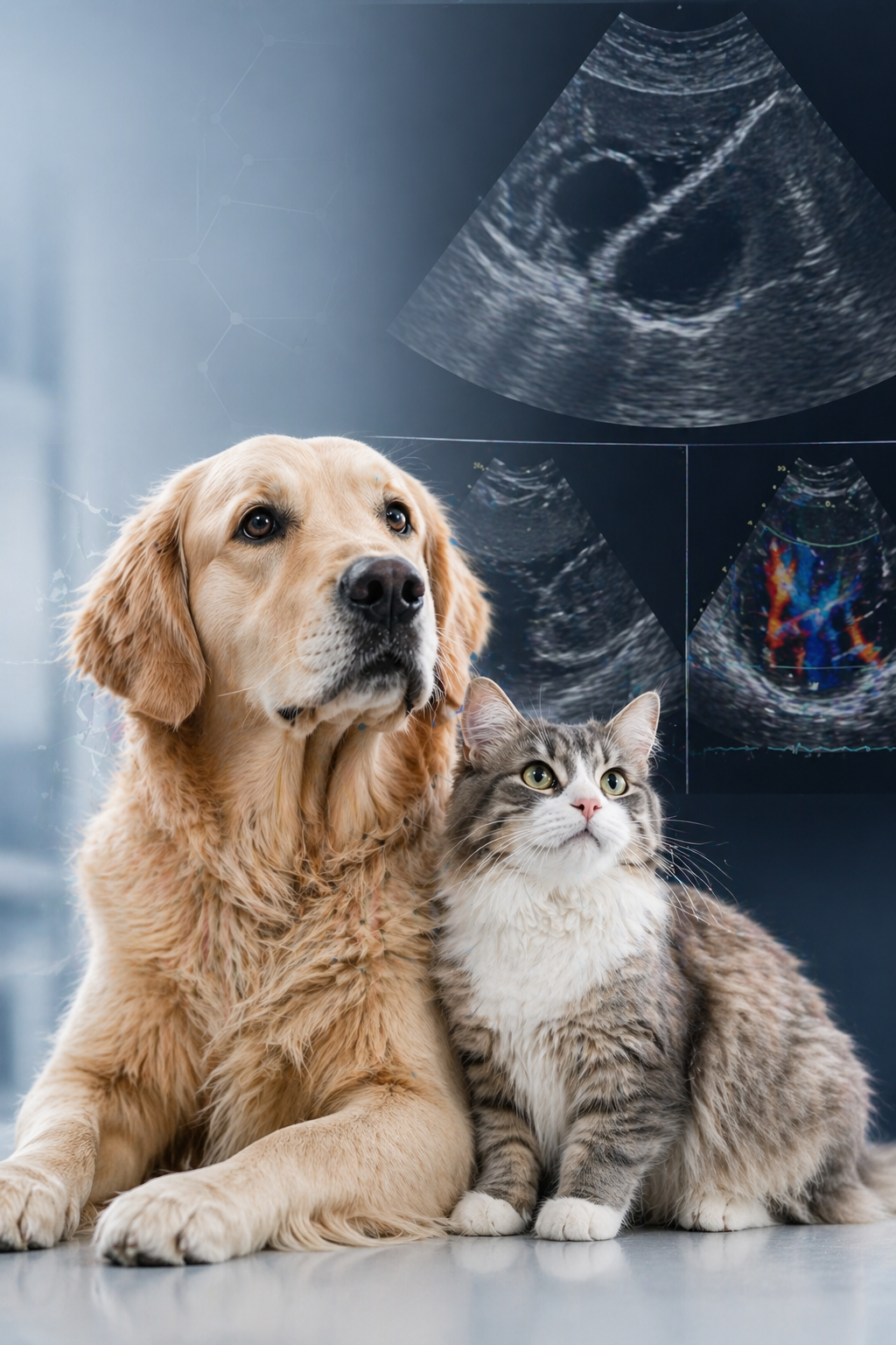 A golden retriever and a tabby cat sitting together in front of ultrasound images on a monitor.