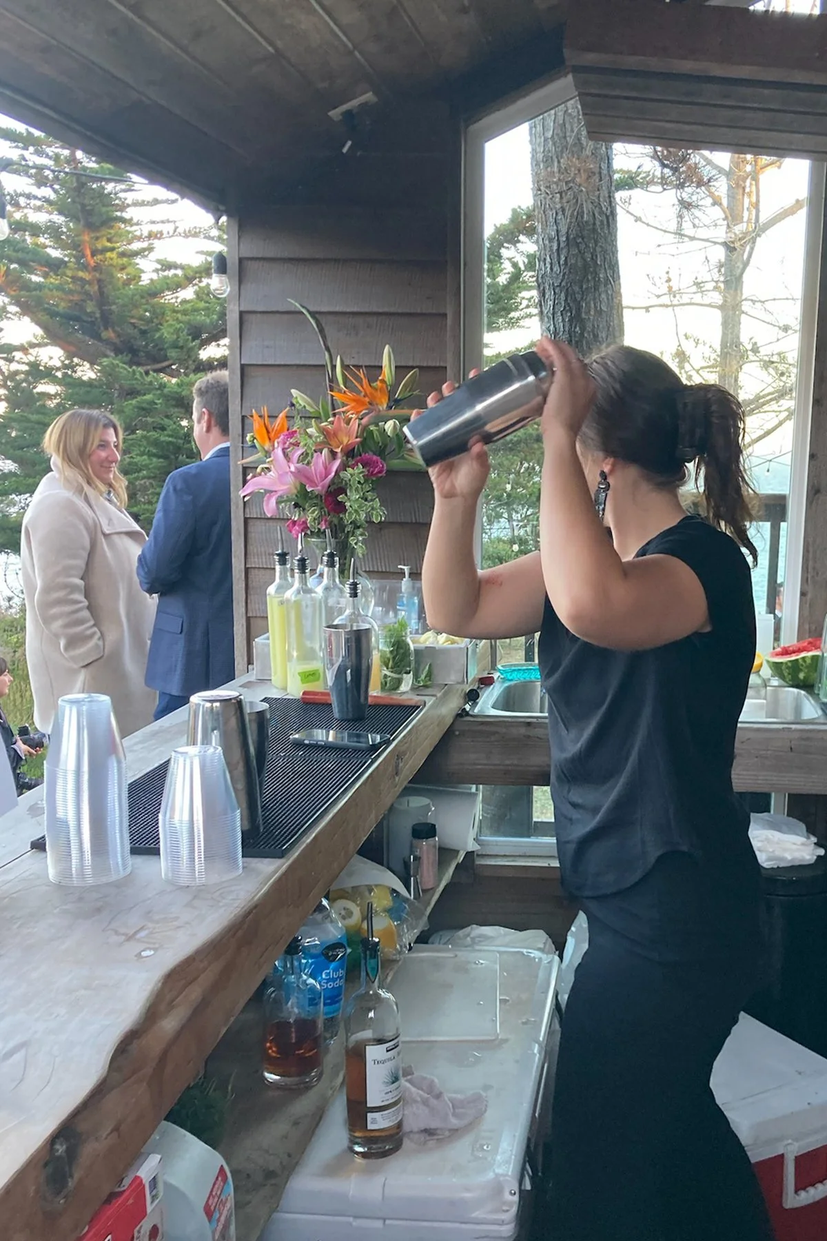 A woman with dark hair tied back, wearing a black shirt, is using a cocktail shaker behind a bar counter. In the background, a couple is conversing outdoors, with tall trees and a cloudy sky visible through large windows.