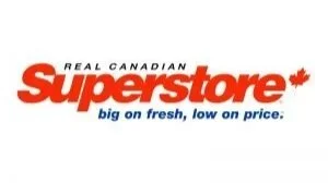 Superstore logo with the text "Real Canadian Superstore" and slogan "big on fresh, low on price" including a small maple leaf icon.