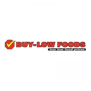 Buy Low Foods logo with red and yellow checkmark, bold red text, and black and white tagline.