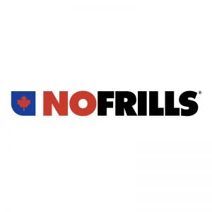 Logo with a red maple leaf and the words 'NO FRILLS' in bold red and black text.