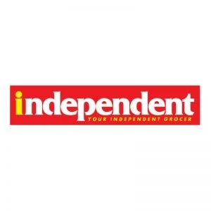 Independent grocery store logo with red background and yellow text.