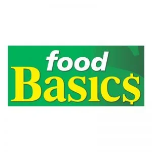 Food Basics store logo with green background and yellow and white text.