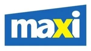 Maxi logo with white and yellow text on a blue background