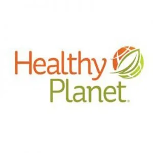Logo for Healthy Planet with stylized orange and green globe and the words 'Healthy Planet'