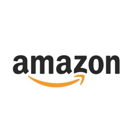 Amazon logo with black text and an orange arrow underneath forming a smile.