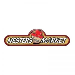 Logo of Nesters Market with an apple and cupcake graphic