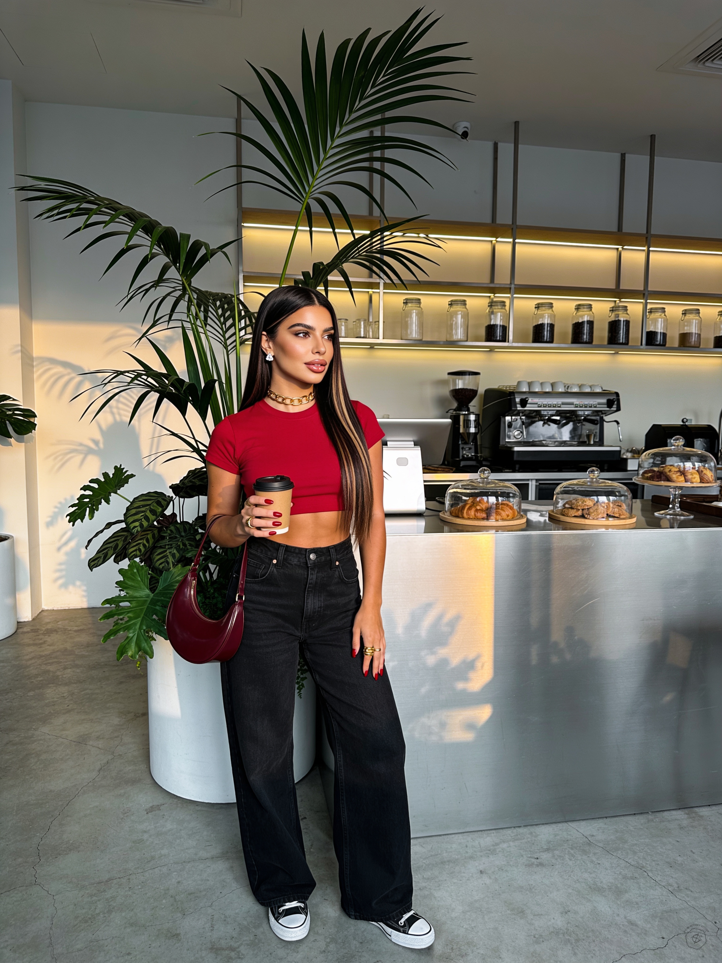 Black &amp; Red Café Style: Golden‑Hour Coffee, Crescent Bags &amp; Effortless Street Luxury