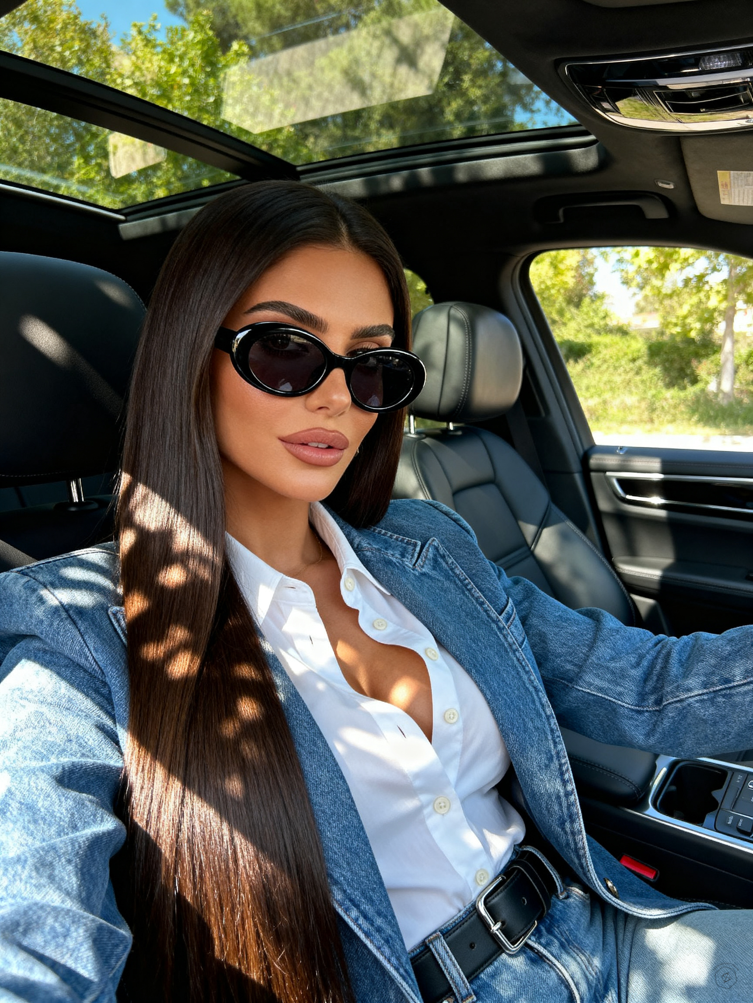 Denim on denim car selfie