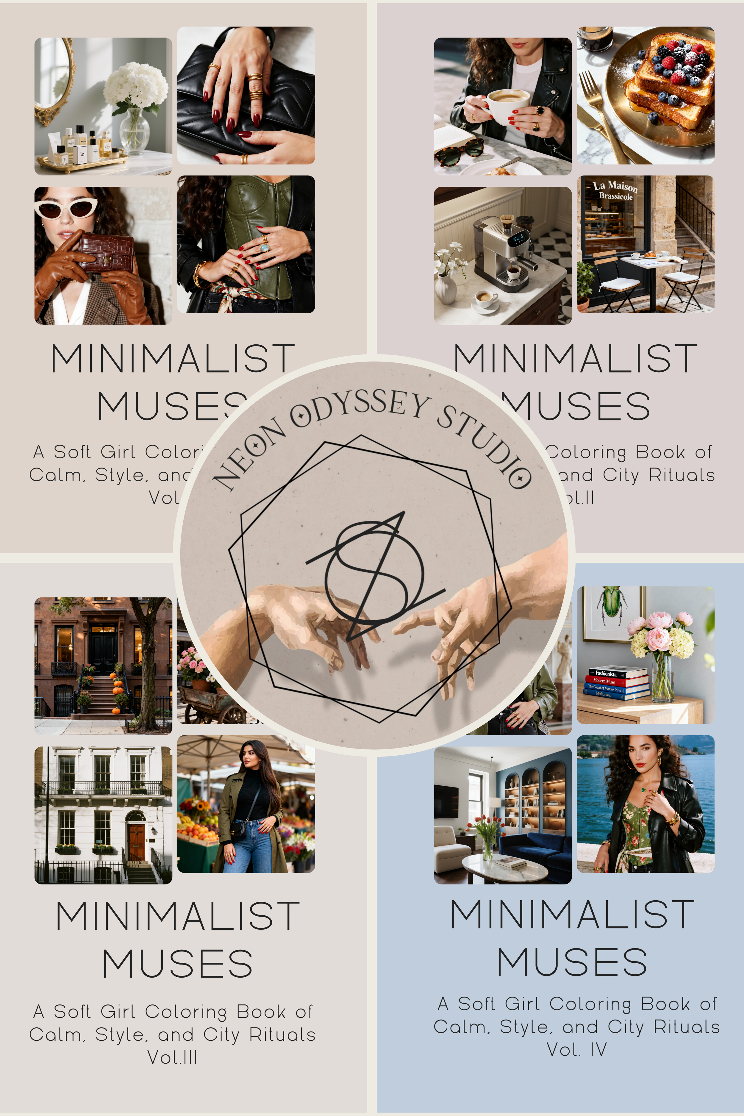 Cover page of a coloring book titled 'Neon Odyssey Studio Minimalist Muses' showing two columns of images. The left column features fashionable women, jewelry, and home decor, while the right column shows coffee, dessert, outdoor café scene, and a bookshelf. A central circular illustration depicts hands reaching towards each other.