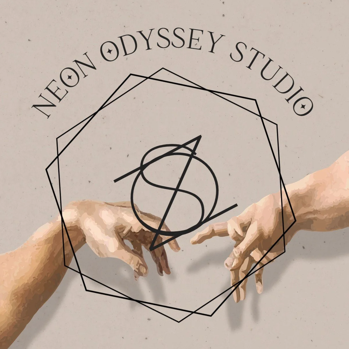 Illustration of two hands reaching towards each other with the text "Neon Odyssey Studio" above and a geometric design behind a stylized dollar sign in the center.