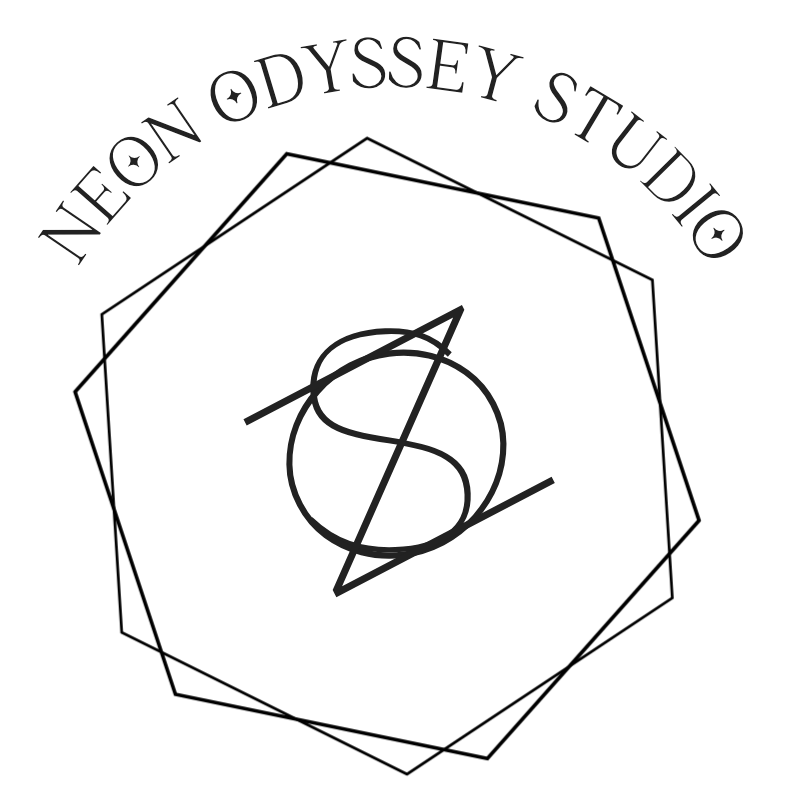 Neon Odyssey Studio logo with a stylized arrow and circle symbol