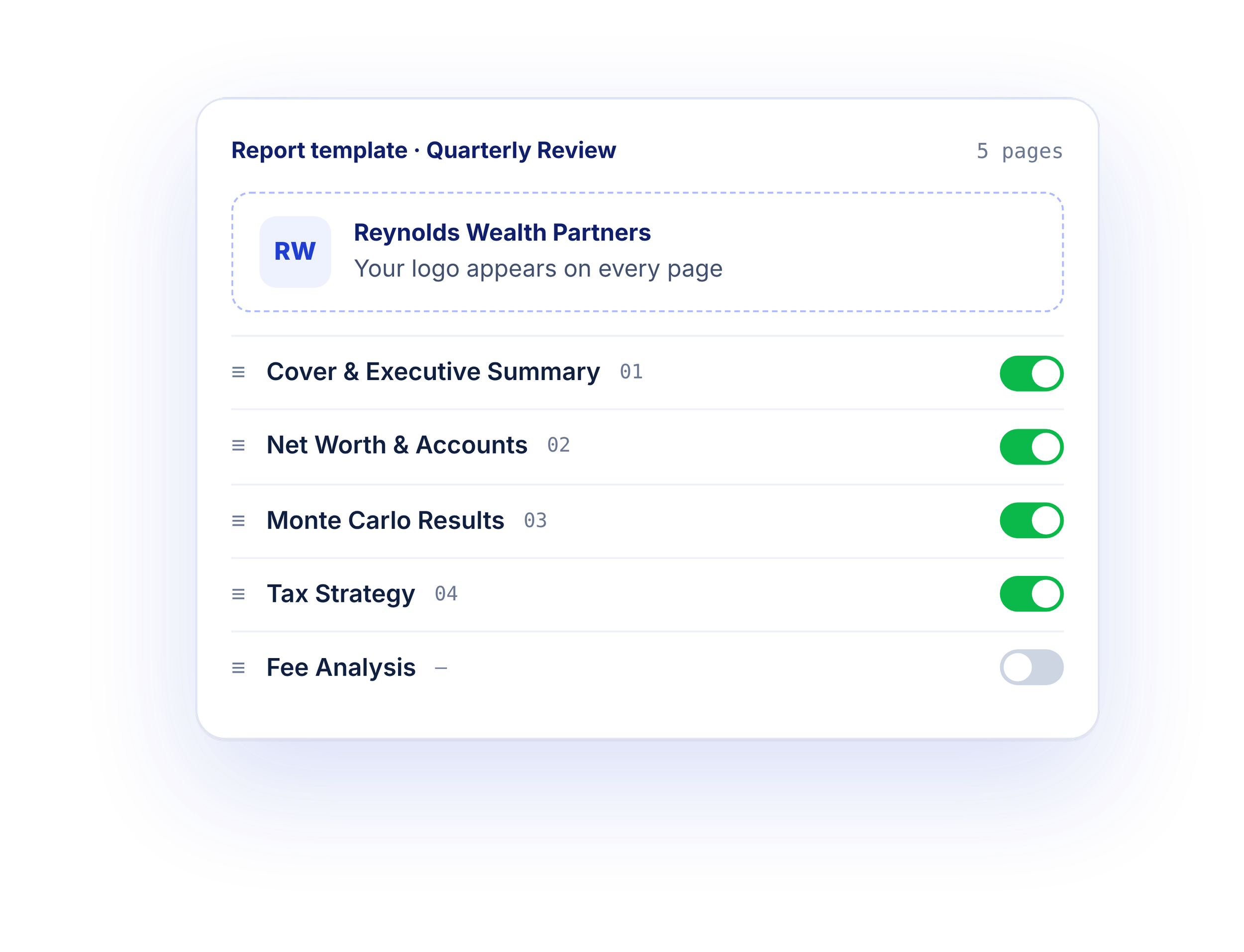 Screenshot of a report template for quarterly review with sections for various financial metrics, including options to toggle visibility on or off.