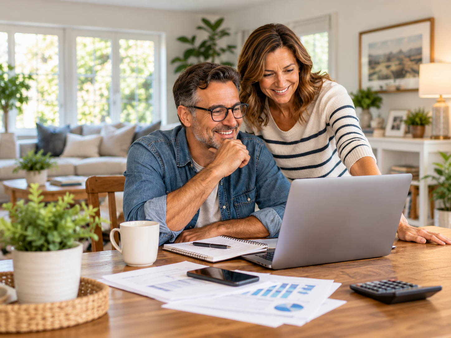 Couple in their early 50s reviewing finances together on a laptop at home