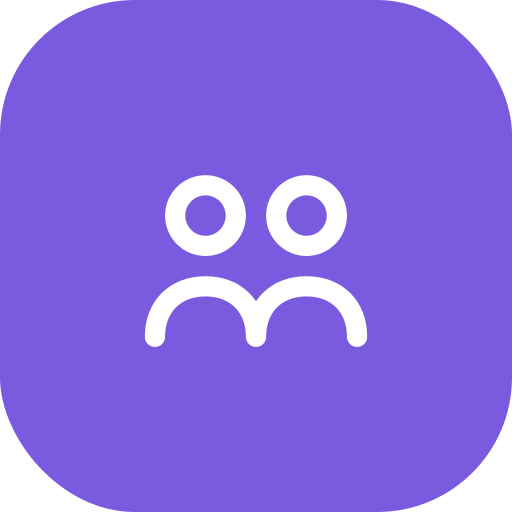 Purple app icon with a white, stylized face that has two circular eyes and a curved line resembling an open mouth with two small upper curves.