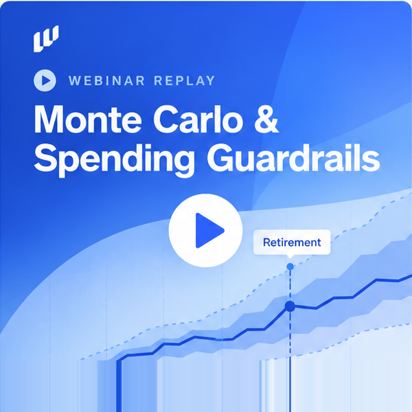 Blue video player screen with a white play button in the center and text that reads 'Monte Carlo & Spending Guardrails' at the bottom.