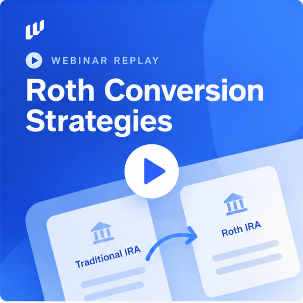 Blue background with a white play button icon in the center, and text "Roth Conversion Strategies" underneath.