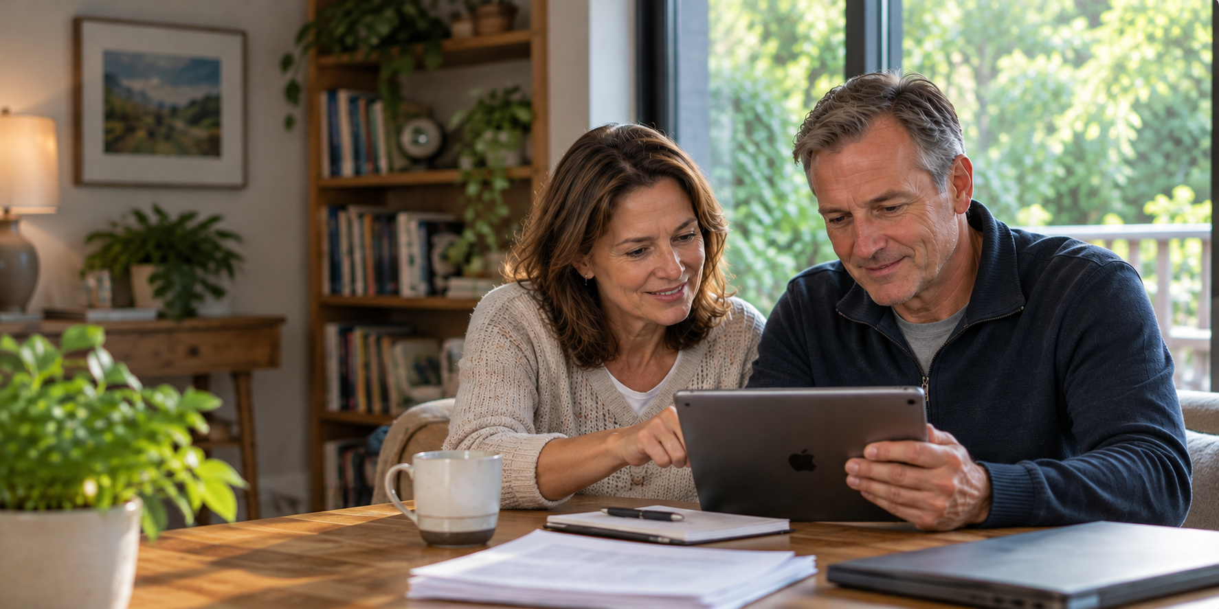 Couple in their early 50s reviewing their finances and planning for retirement together on a tablet at home