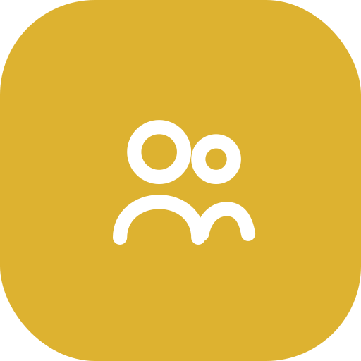 A stylized face with two eyes and a mouth on a yellow background.