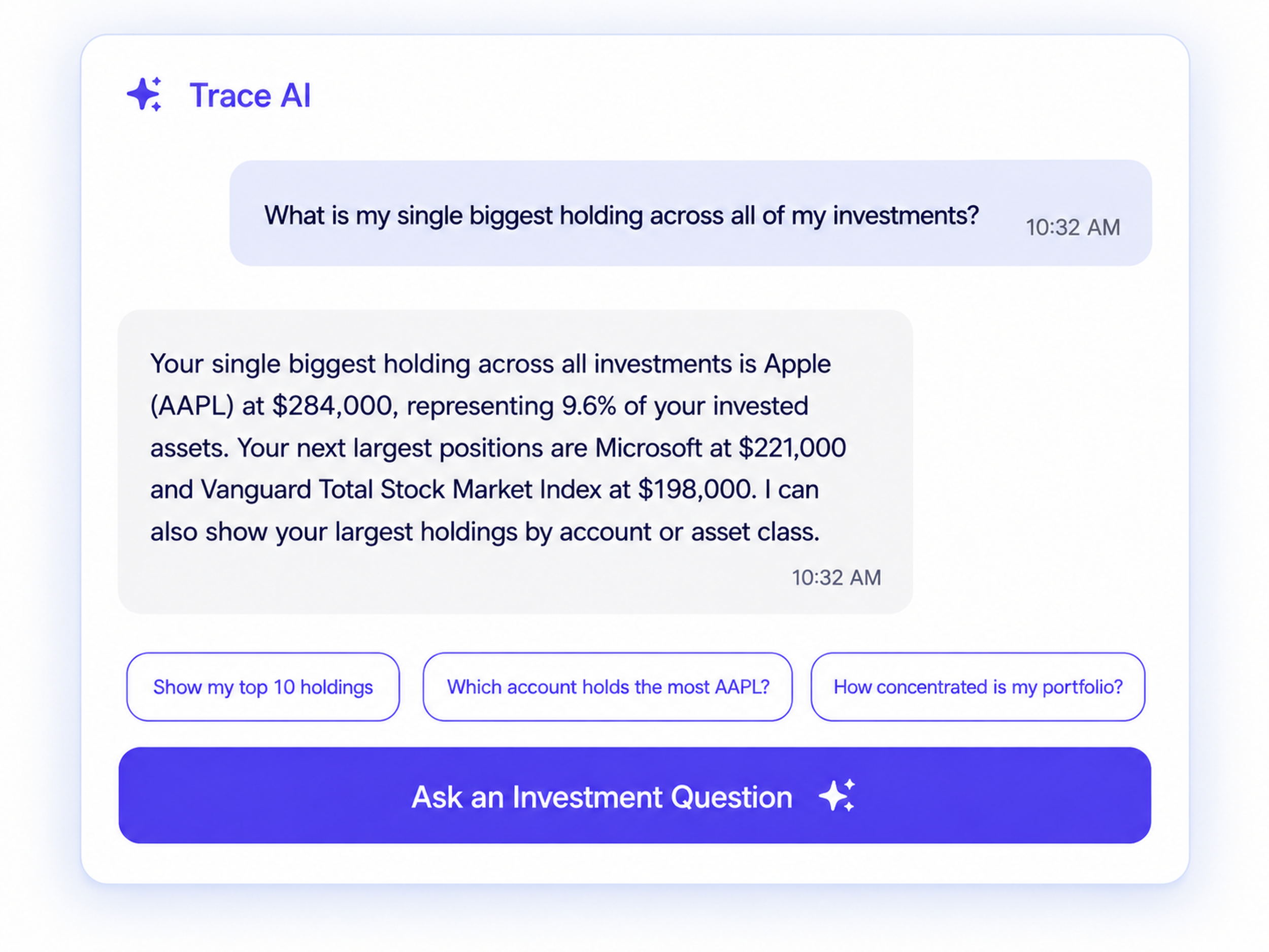 Screenshot of a digital investment platform interface showing a question about the user's biggest holding across investments, with details about Apple (AAPL) stocks, and buttons for viewing top holdings, account holdings, and portfolio concentration, along with a prompt to ask an investment question.