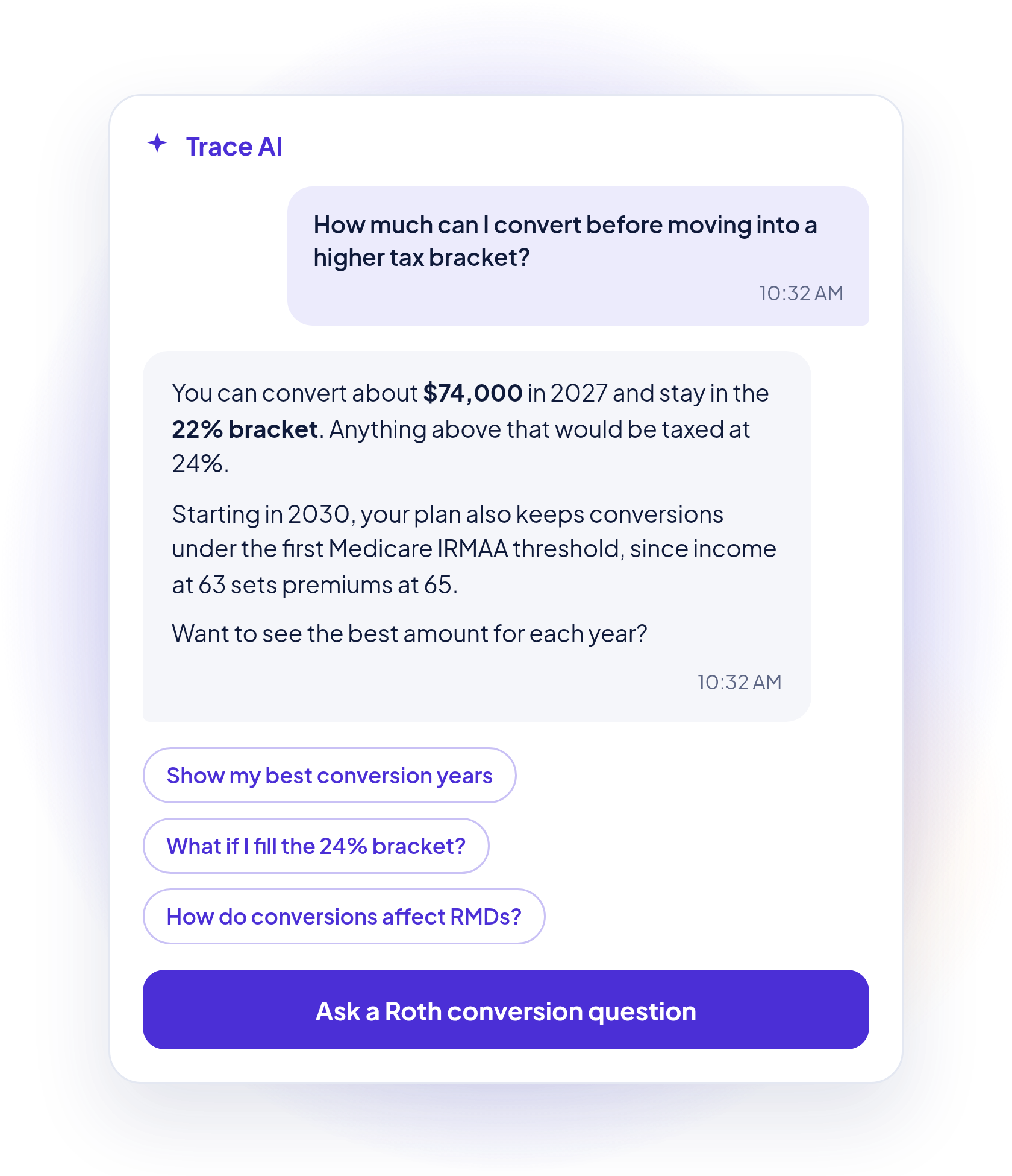 WealthTrace AI providing explanations and insights about retirement taxes and financial planning