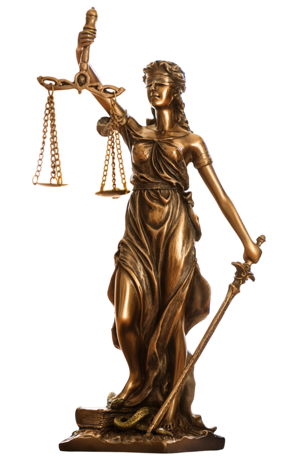 Brass statue of Lady Justice holding a balanced scale in her left hand and a sword in her right hand, standing on a base with a book and a snake.