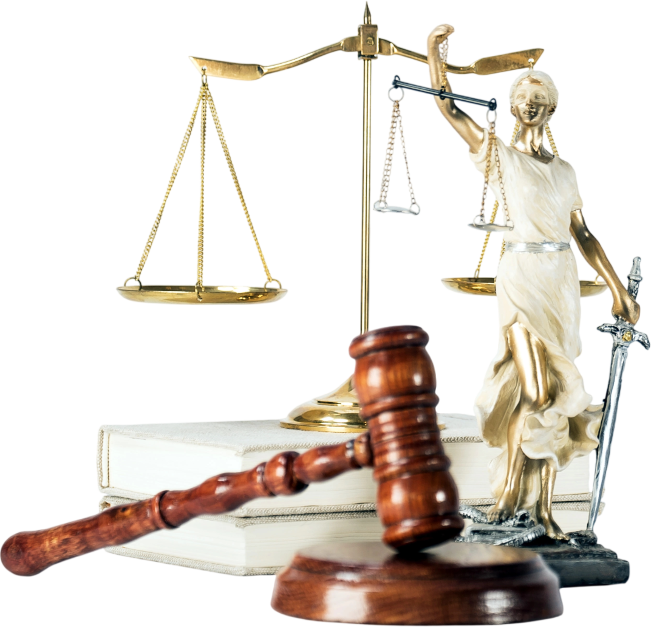 Justice scale, gavel, courthouse statue, and legal books on a table.