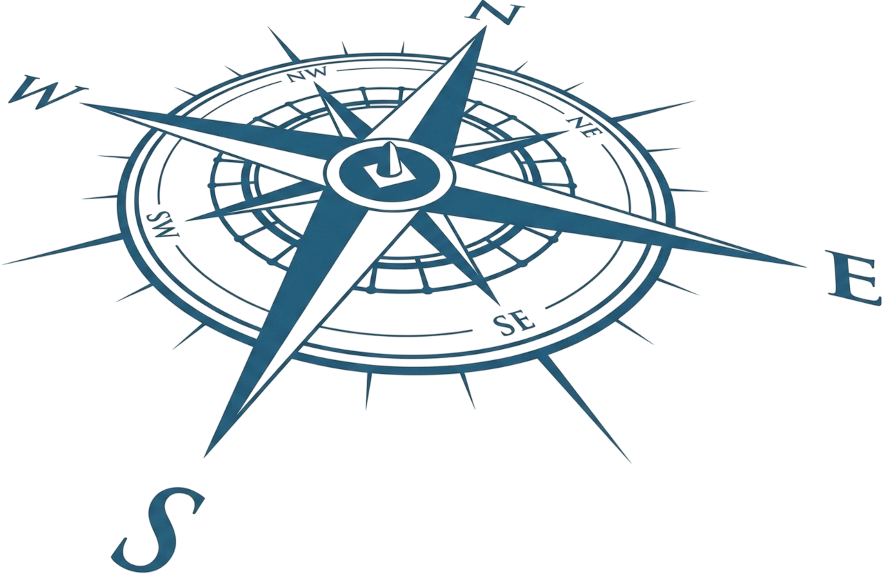 A digital illustration of a compass rose with a 3D metallic appearance, showing cardinal directions, with North and South labeled, and pointing towards the North.