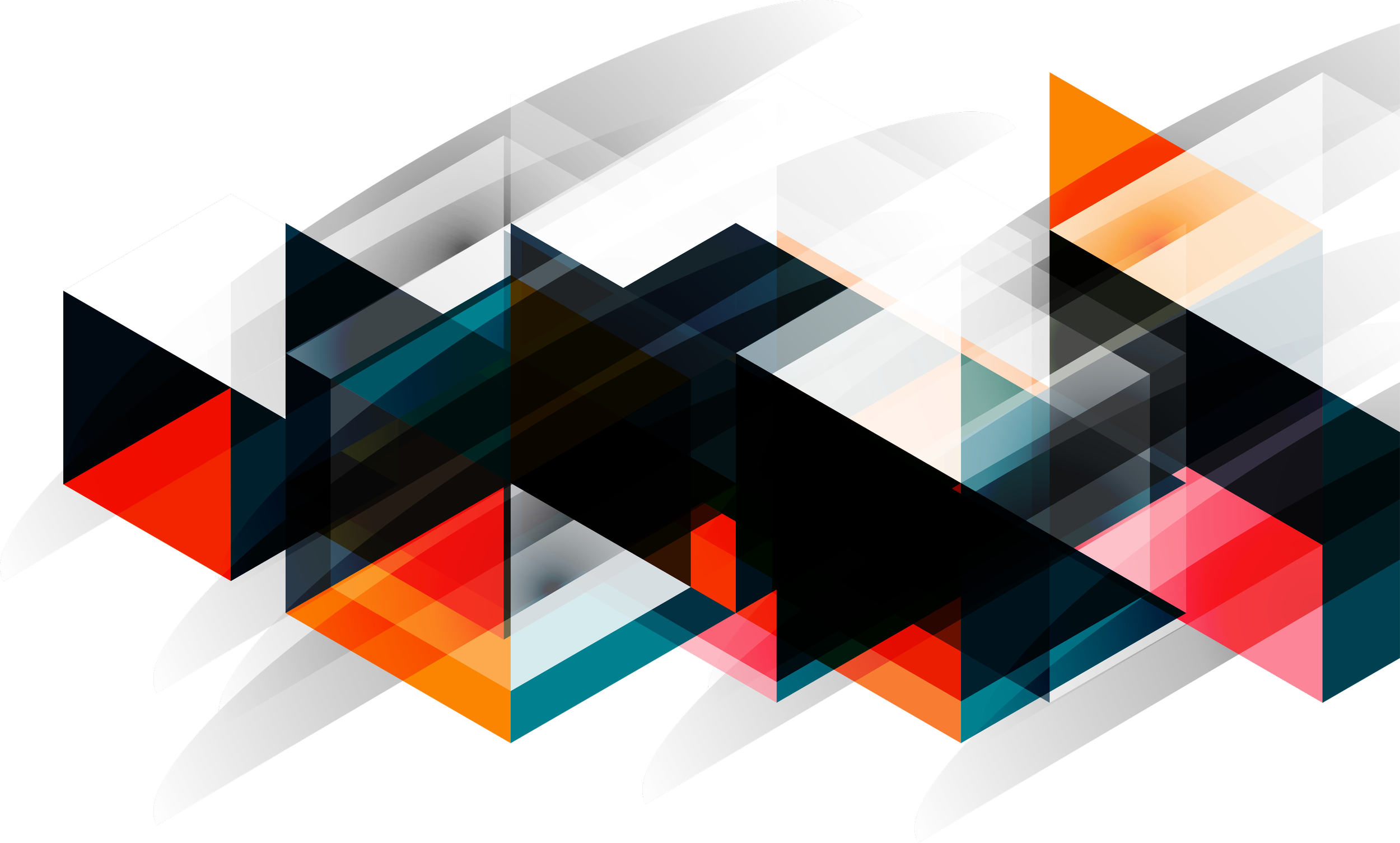Abstract geometric digital art featuring multicolored translucent cubes and overlapping shapes on a black background.