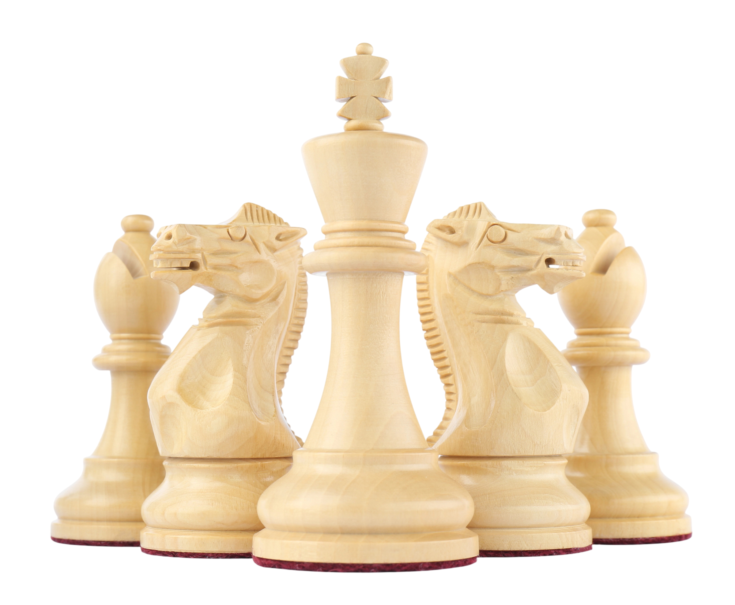 A group of wooden chess pieces, including kings, queens, bishops, knights, rooks, and pawns, arranged together on a surface.