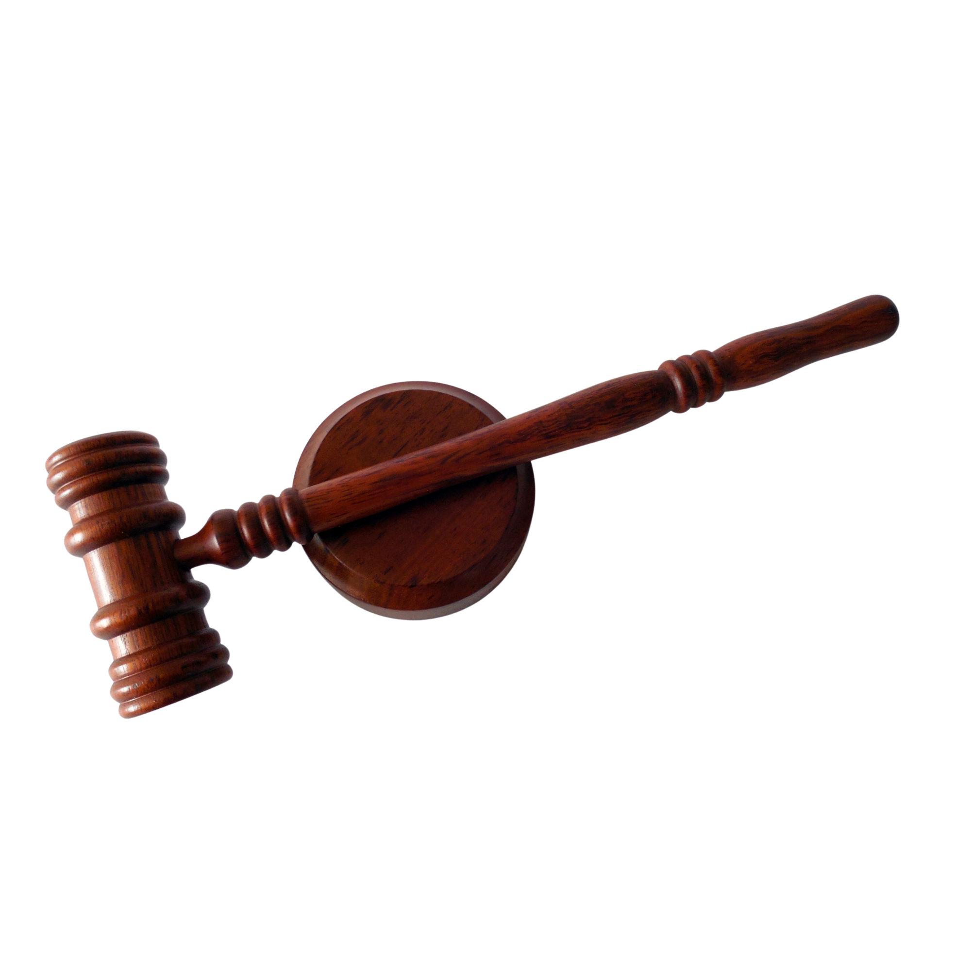 A wooden judge's gavel resting on a sound block.
