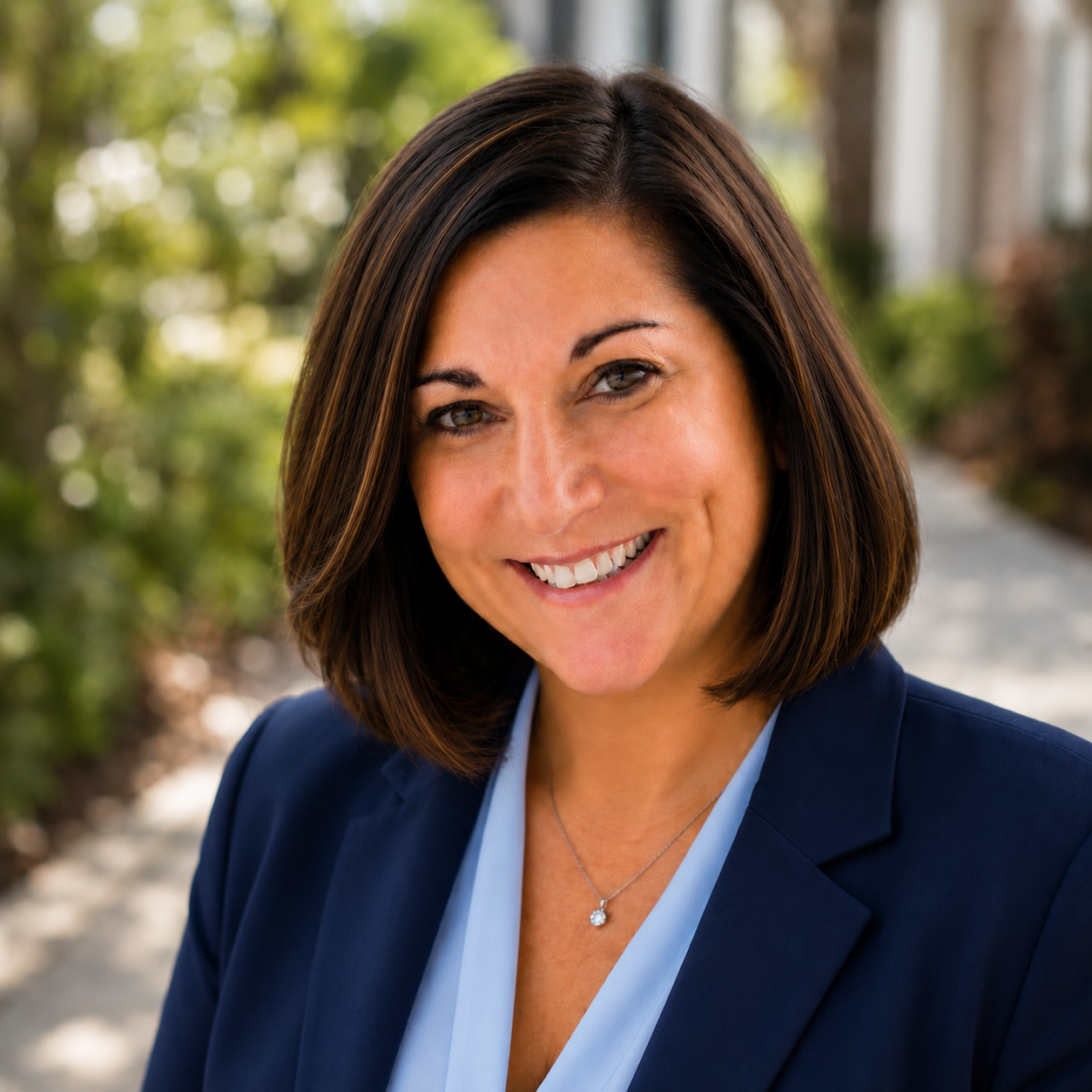 A smiling woman with shoulder-length dark brown hair, wearing a navy blazer and light blue blouse, outdoors with greenery in the background.