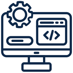 Icon of a computer monitor with a gear symbol and a web development code window