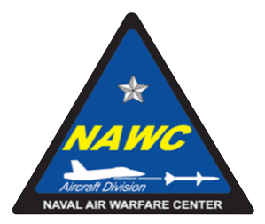 Triangular patch with blue background, featuring a silver star at the top, yellow text 'NAWC', white aircraft silhouette, and the words 'Aircraft Division' and 'NAVAL AIR WARFARE CENTER' at the bottom.
