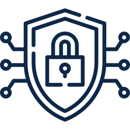 Outline of a shield with a padlock in the center, surrounded by circuit lines representing cybersecurity.