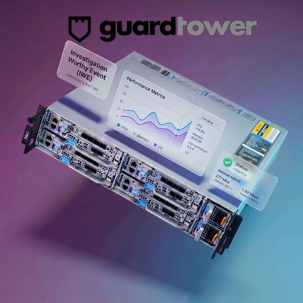 Server hardware with performance metrics, network activity status, and security alert displayed on futuristic digital interface.