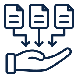 Icon of a hand with three documents above it, each with an arrow pointing downward.