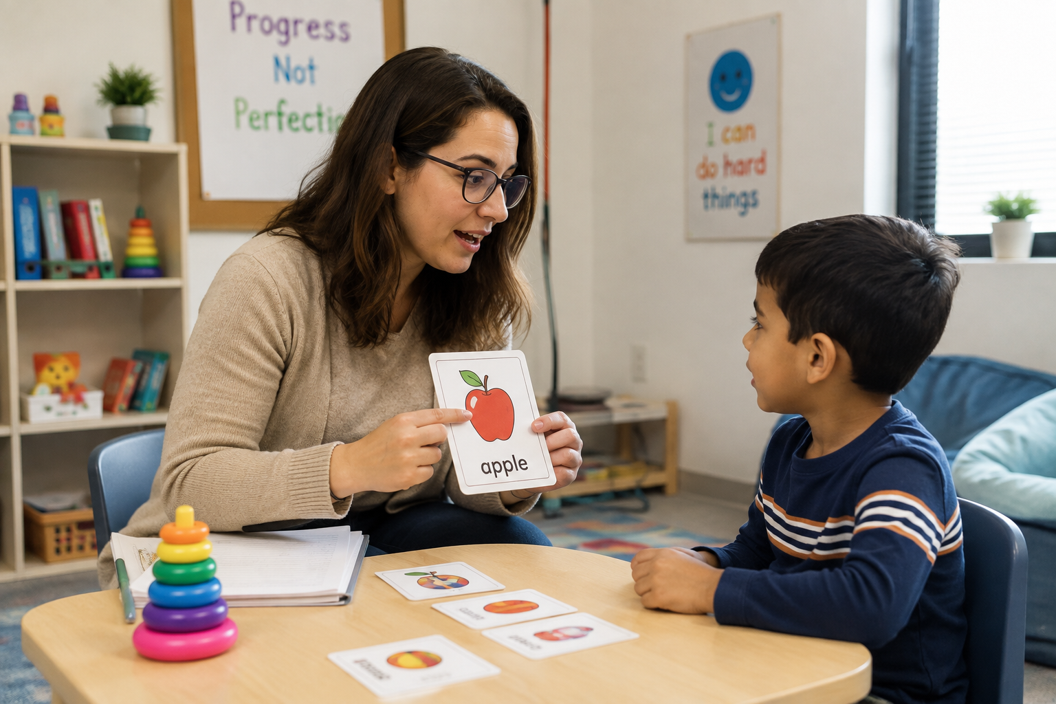 A woman with glasses holding a flashcard with an apple image and the word 'apple' while sitting at a table with a young boy, in a classroom setting with educational posters and shelves with books and toys.