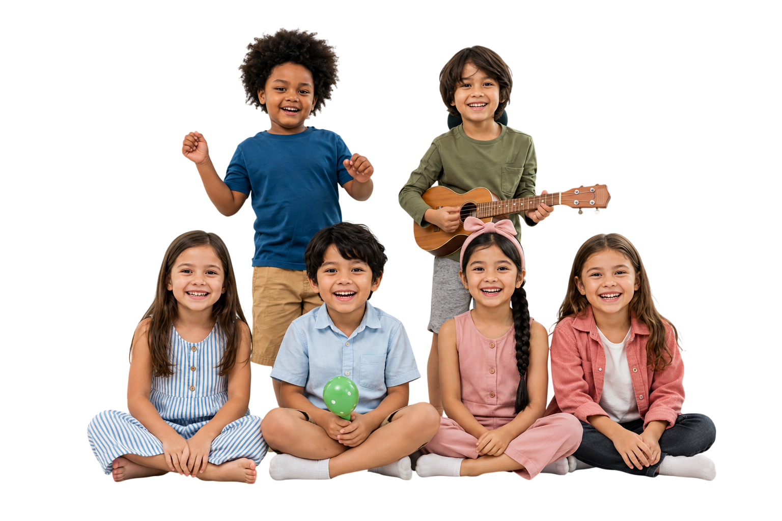Group of six children, four girls and two boys, smiling and sitting or standing together. One boy is holding a green balloon, another boy is playing a ukulele, and the girls are sitting cross-legged with cheerful expressions.