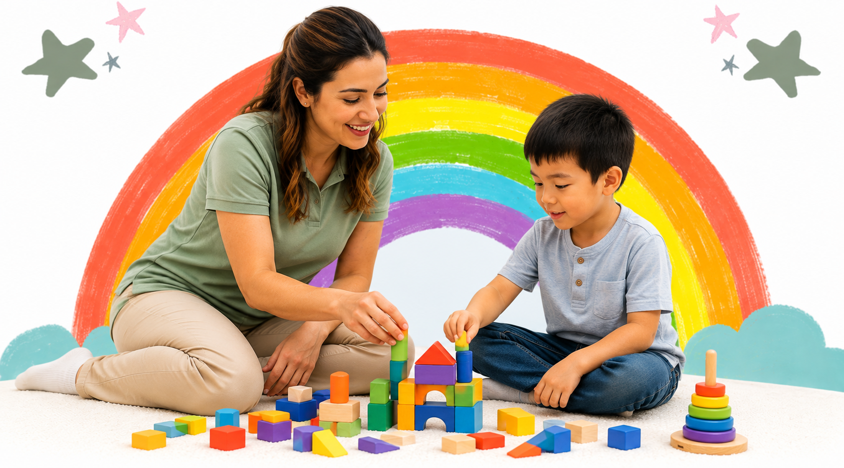 A woman and a young boy playing with colorful wooden building blocks on a white carpet, with a painted rainbow and clouds background.