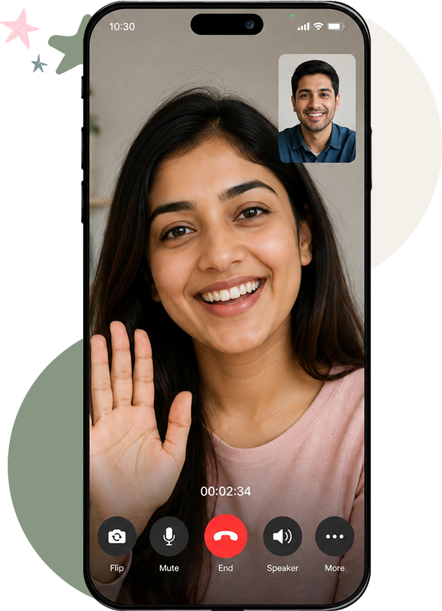 A woman on a video call waving at the camera with a smile, with a man appearing in a small inset window smiling.