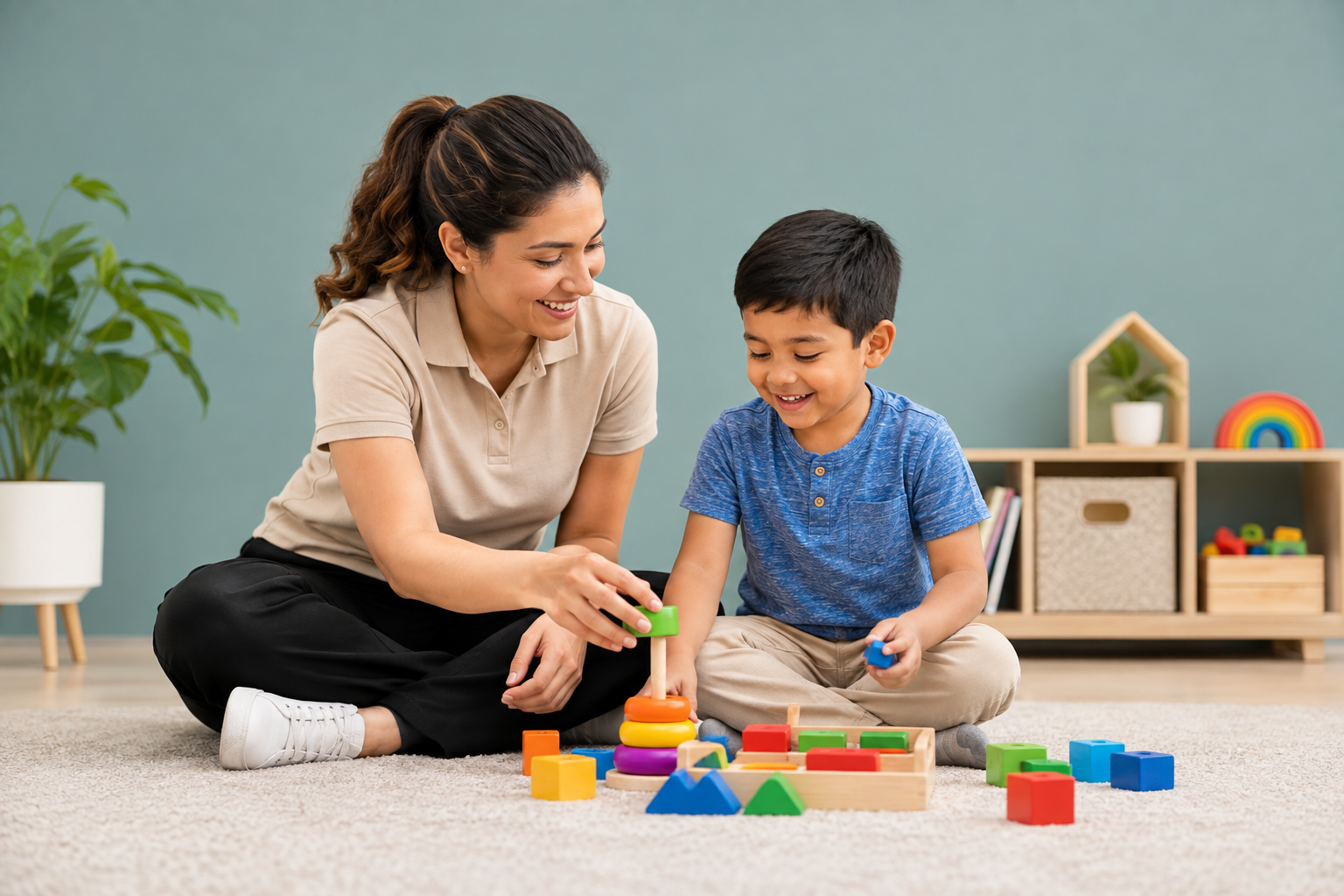 A woman and a young boy sitting on a carpet playing with colorful stacking toy rings and blocks.