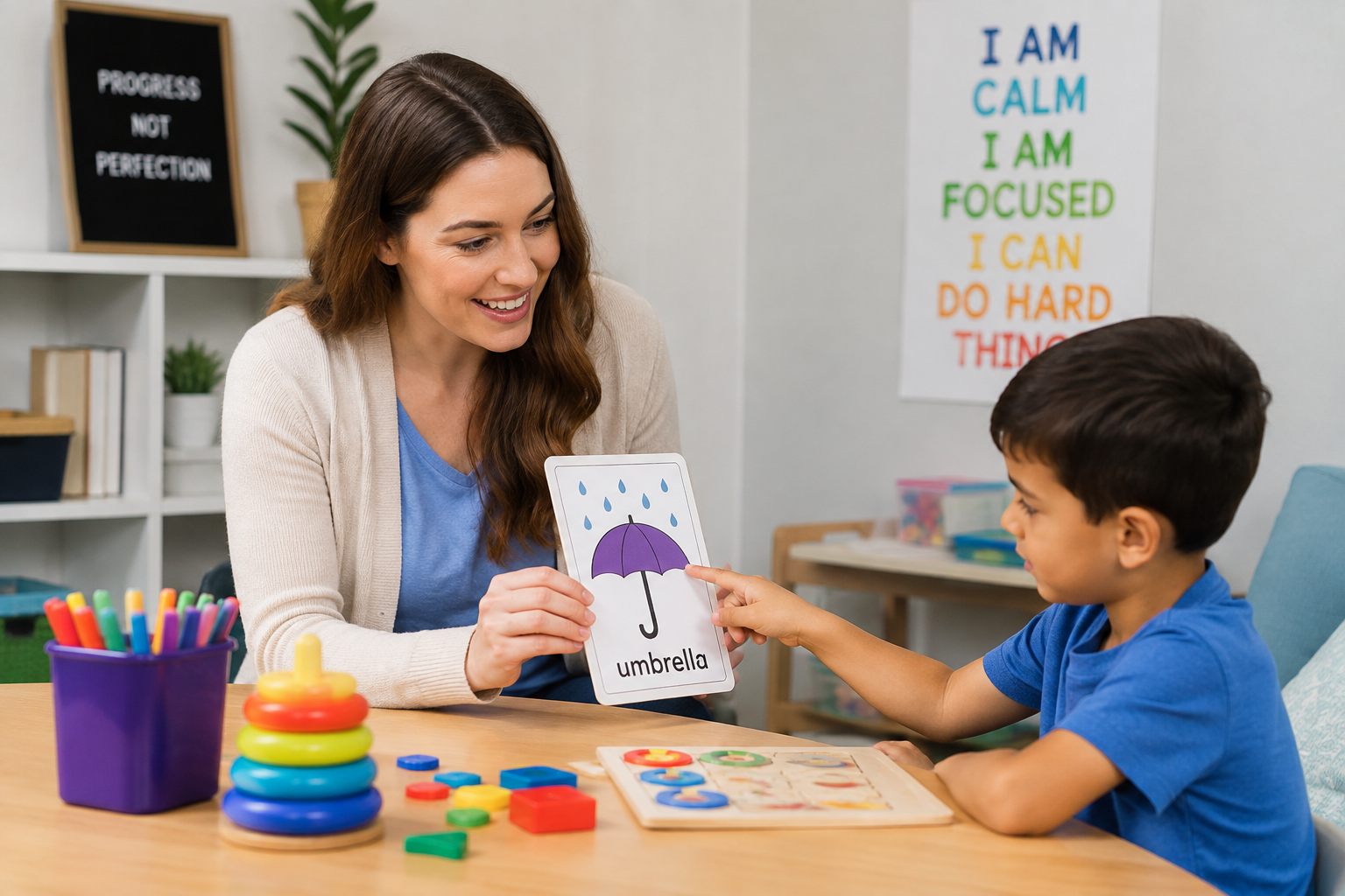 A woman teaching a young boy about the word "umbrella" using flashcards in a classroom setting, with educational posters and toys on the table.