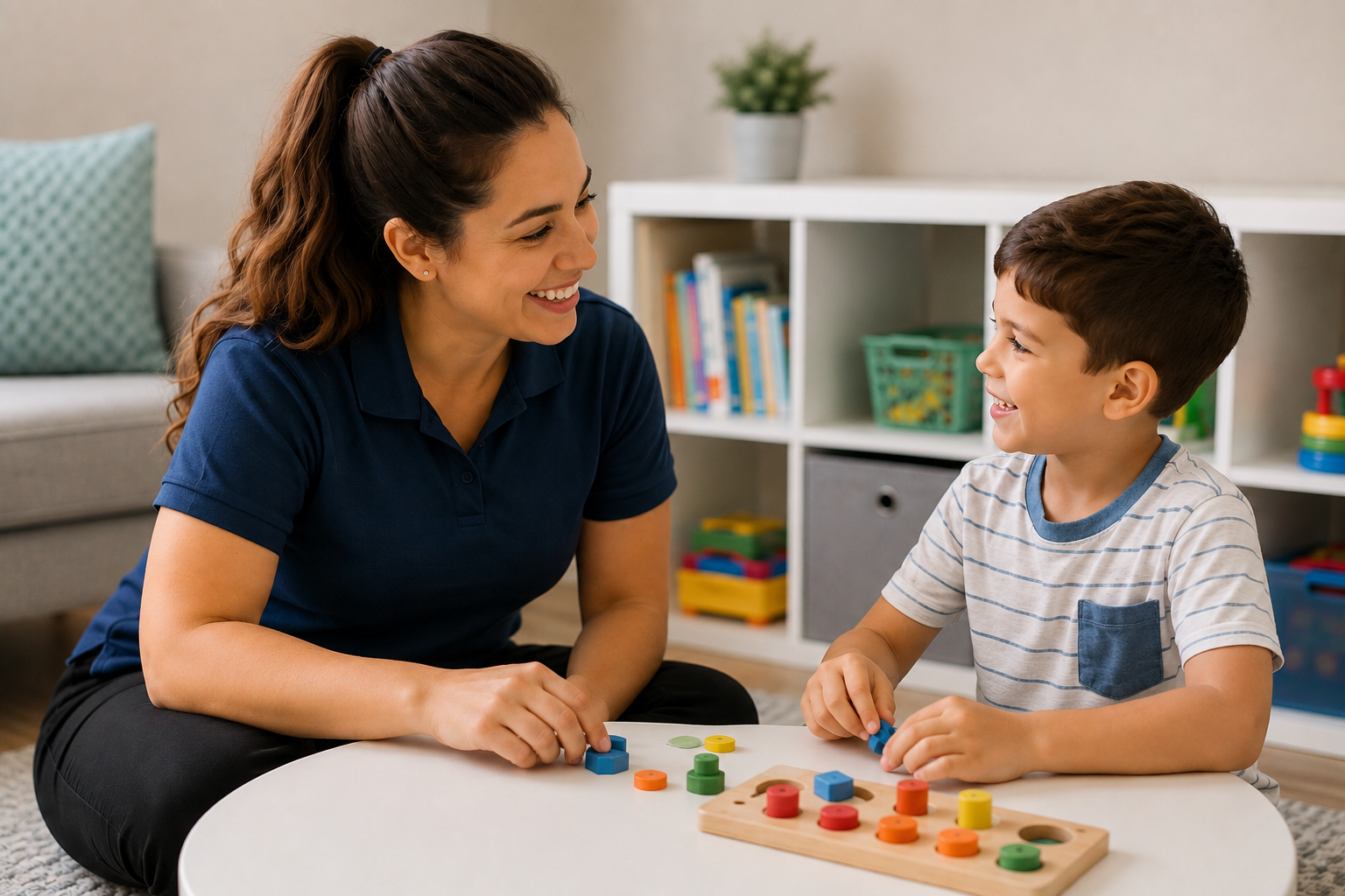 A woman and a young boy playing a shape sorting game at a white table in a playroom.