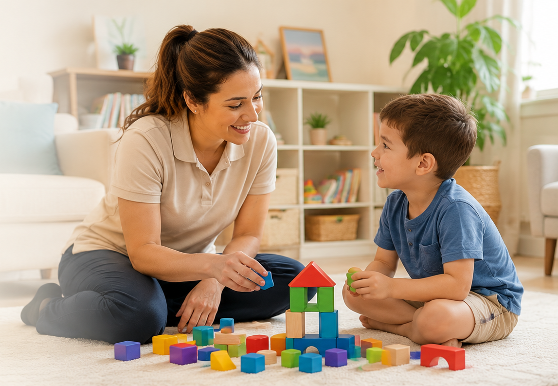 A woman and a boy playing with colorful wooden building blocks on a carpet in a bright living room with a bookshelf, plants, and a window.